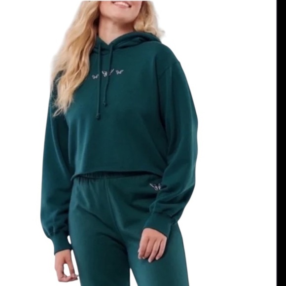 Hollister cropped hoodie Small butterflies Y2K green retro pullover 90's style - Picture 1 of 6